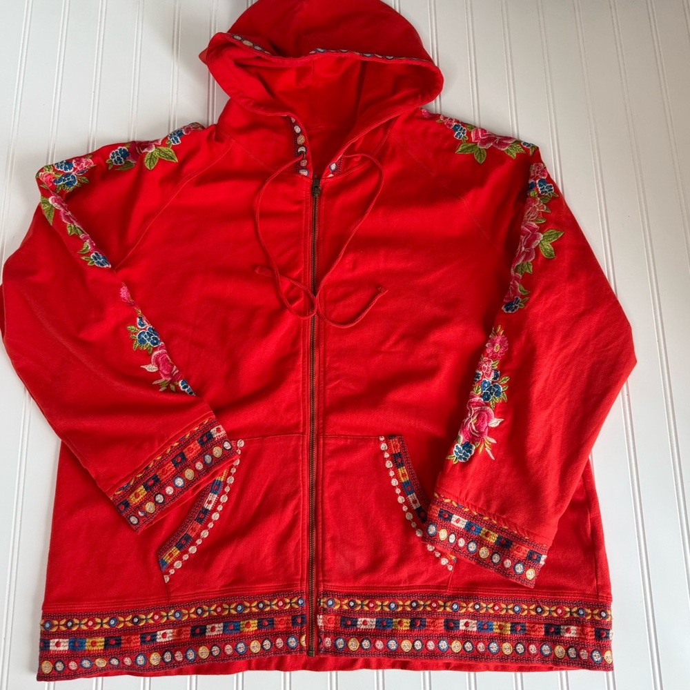 Johnny Was Vibrant Red Embroidered Hooded Zip-Up Sweatshirt